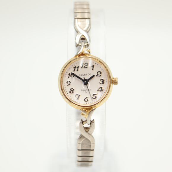 Vintage Helbros Round Gold Tone Cocktail 20mm Watch Silver Stretch w New Battery - Picture 6 of 13